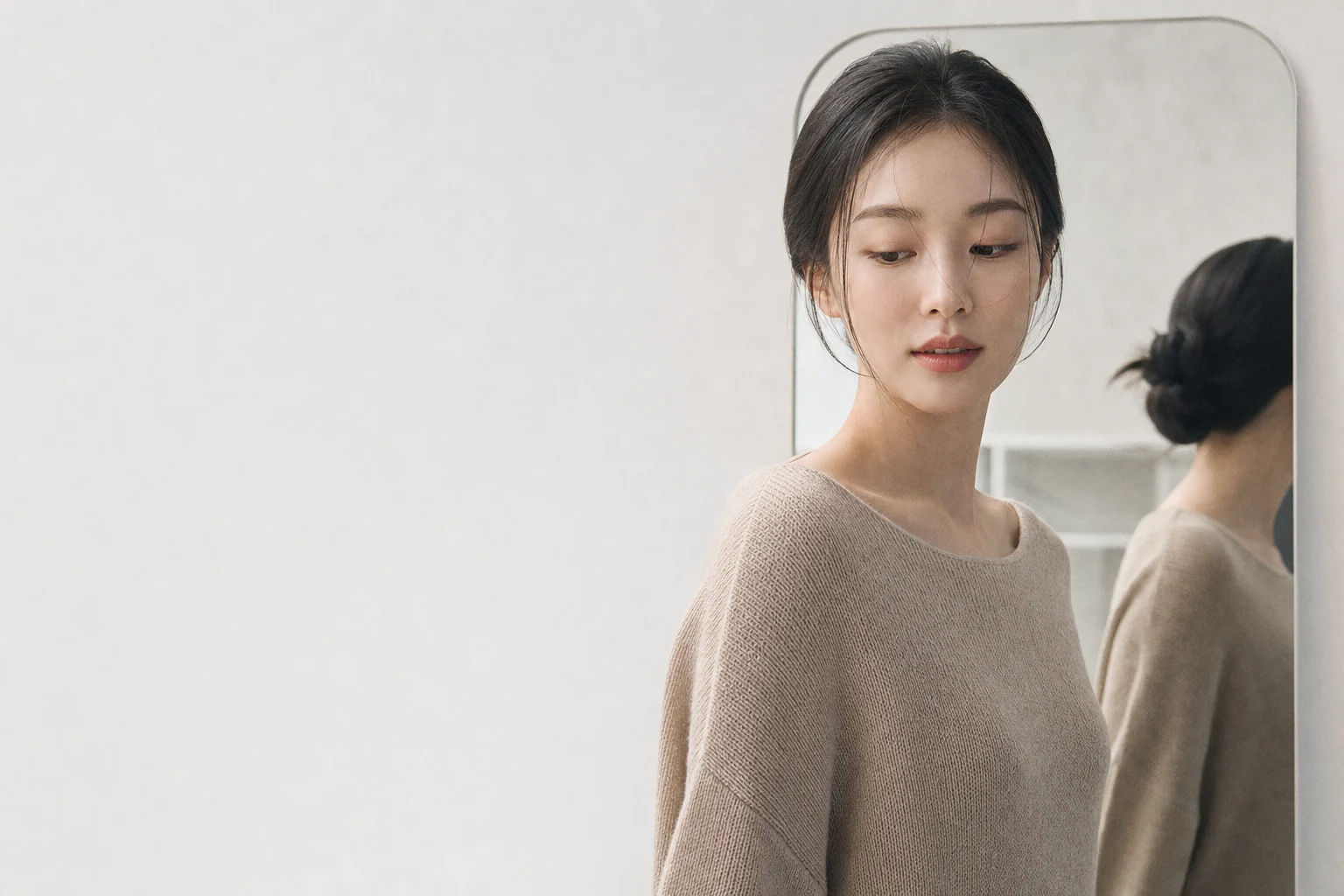 A young woman standing calmly before a large mirror in a minimalist beauty space, serene editorial portrait.